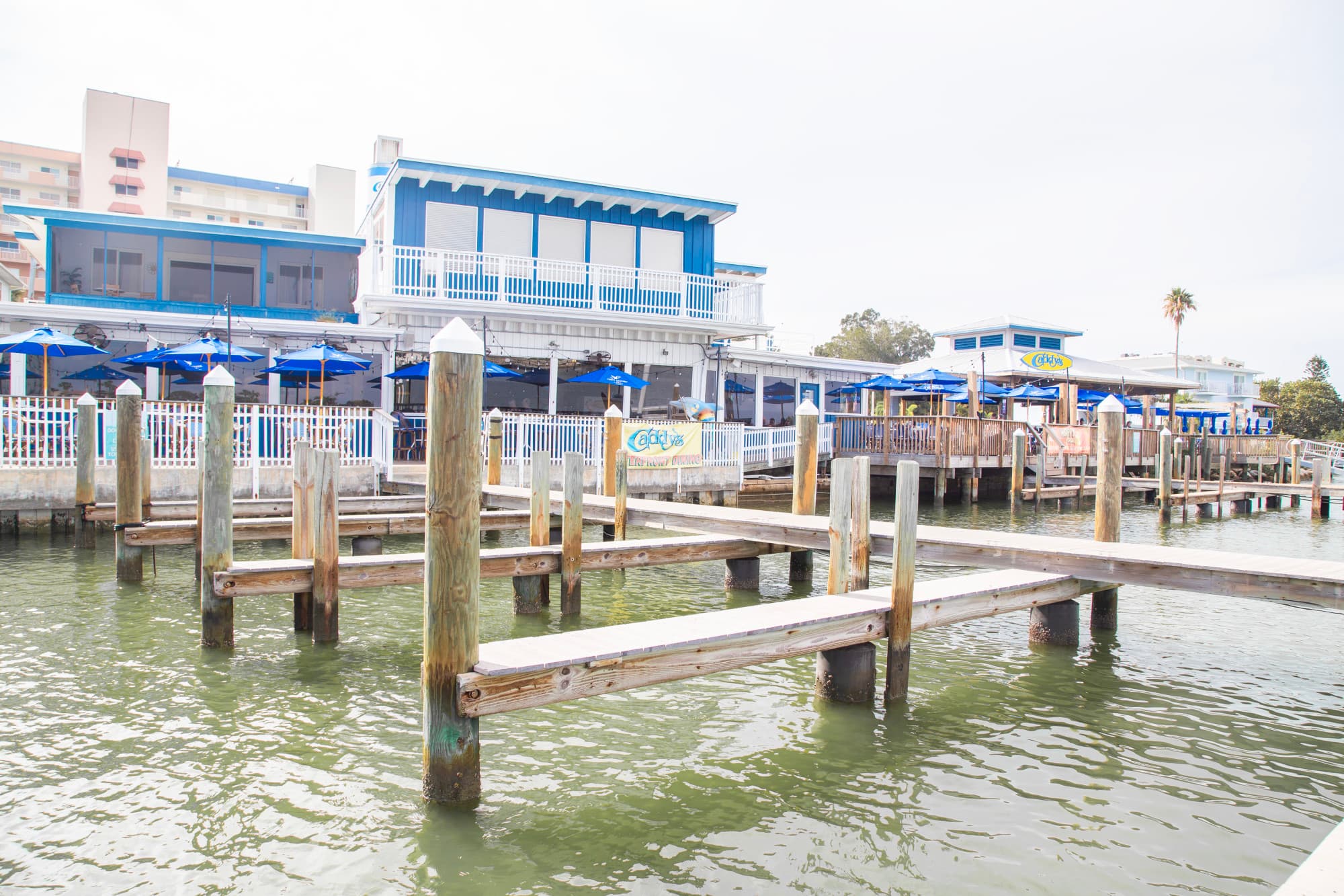 Caddy's waterfront restaurant seen from the water at Indian Shores